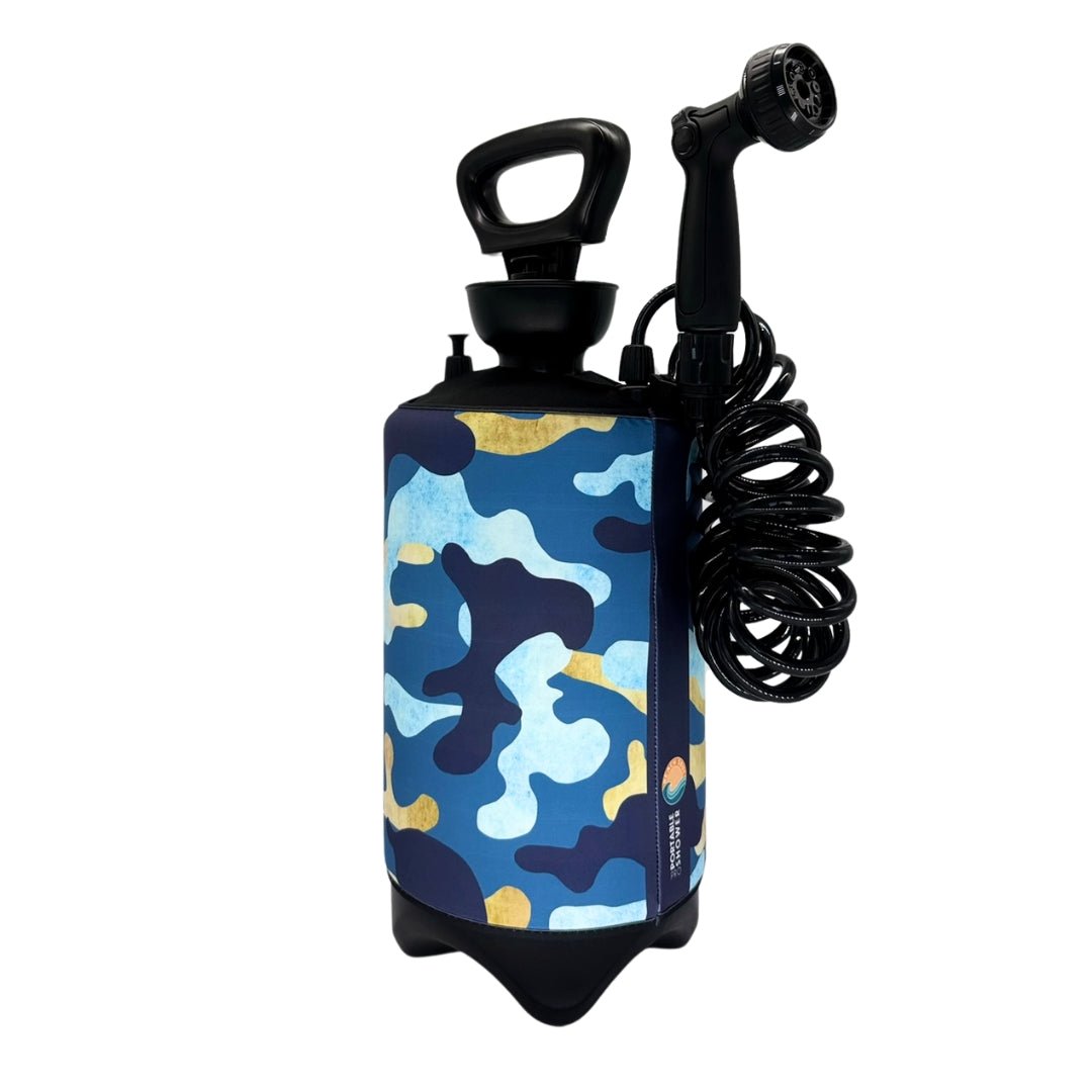 Front view of the Chill Chameleon 10L portable shower and camo-inspired sleeve