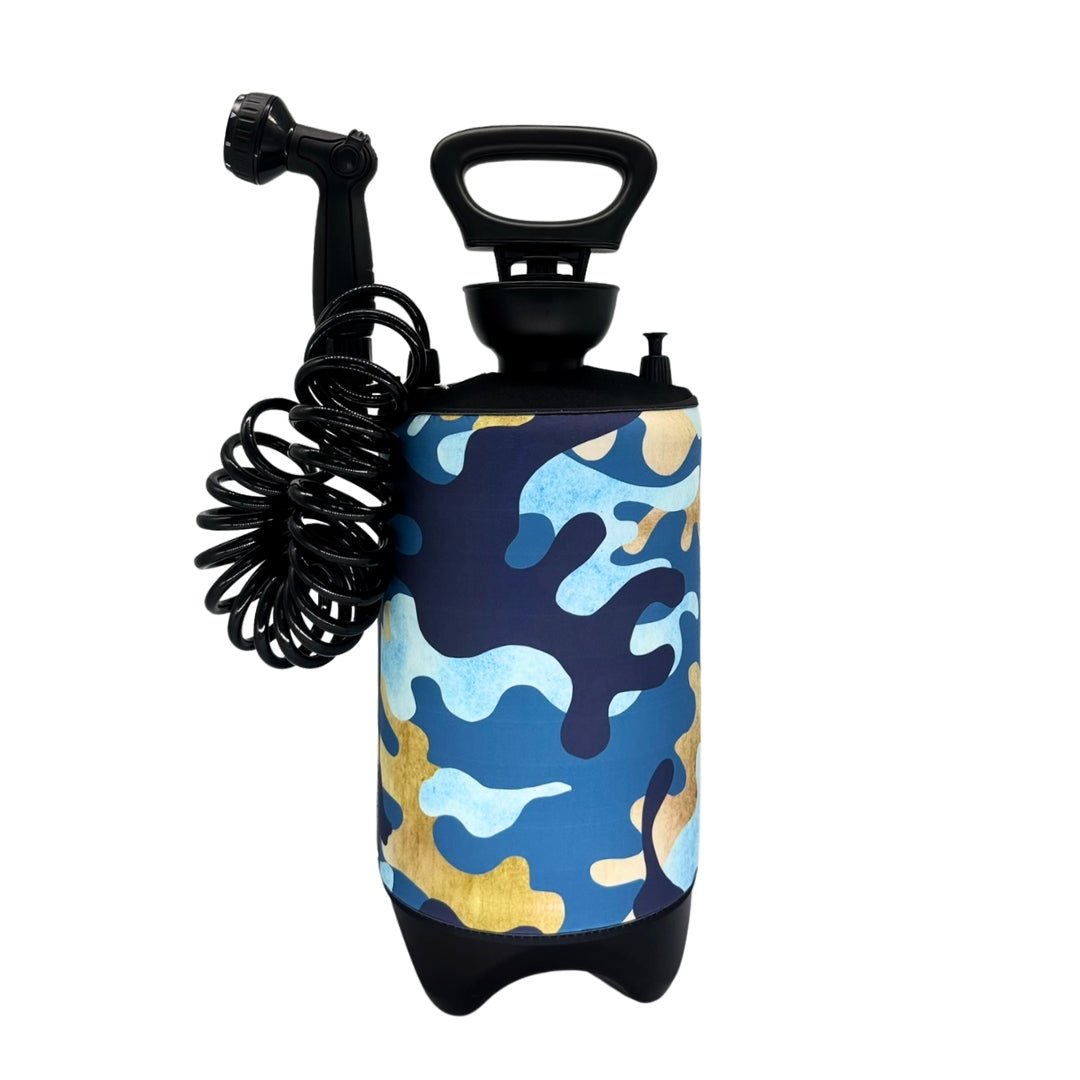 Rear view of the Chill Chameleon 10L portable shower and camo-inspired sleeve