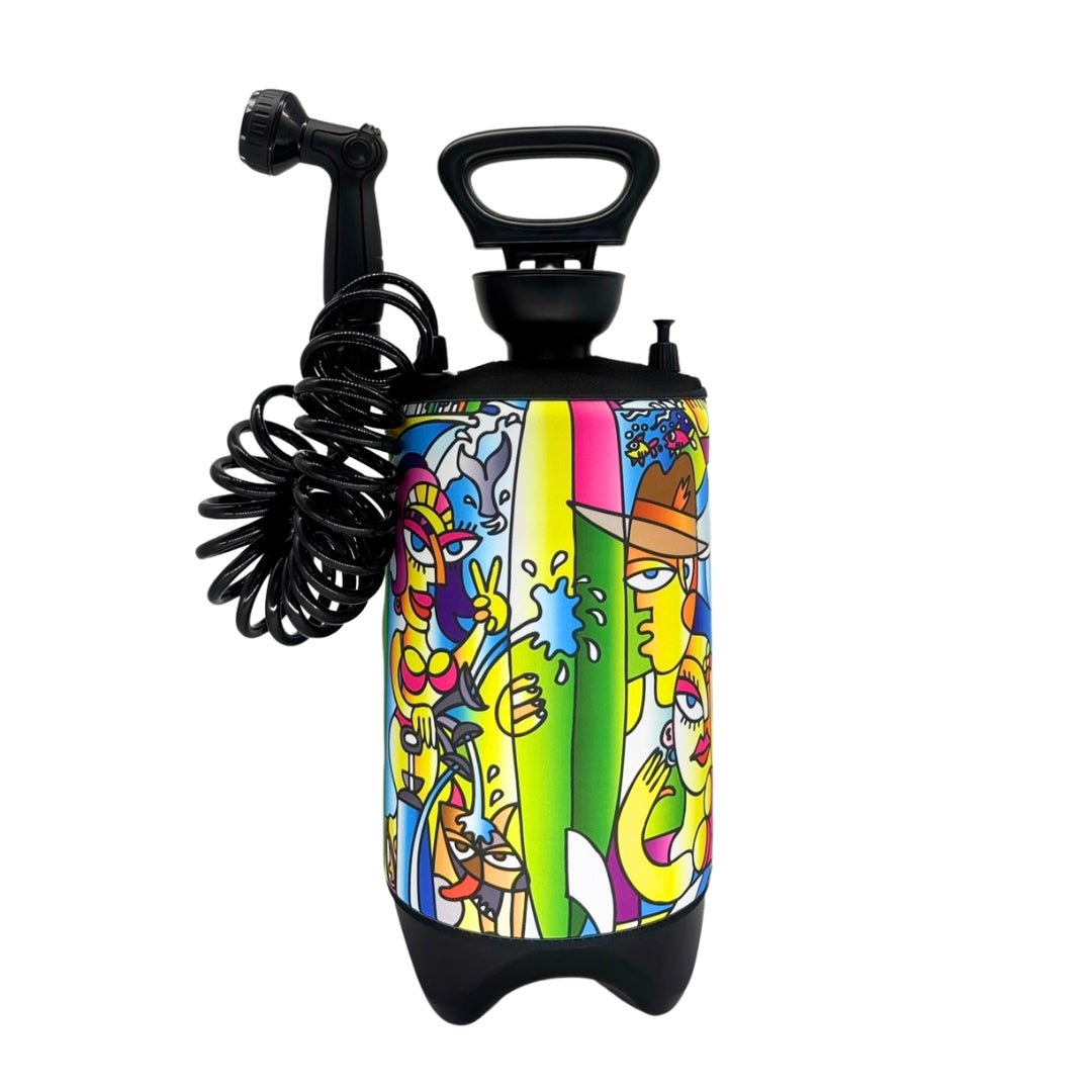 Rear view of the Livin’ the Dream 10L portable shower with hose and shower head