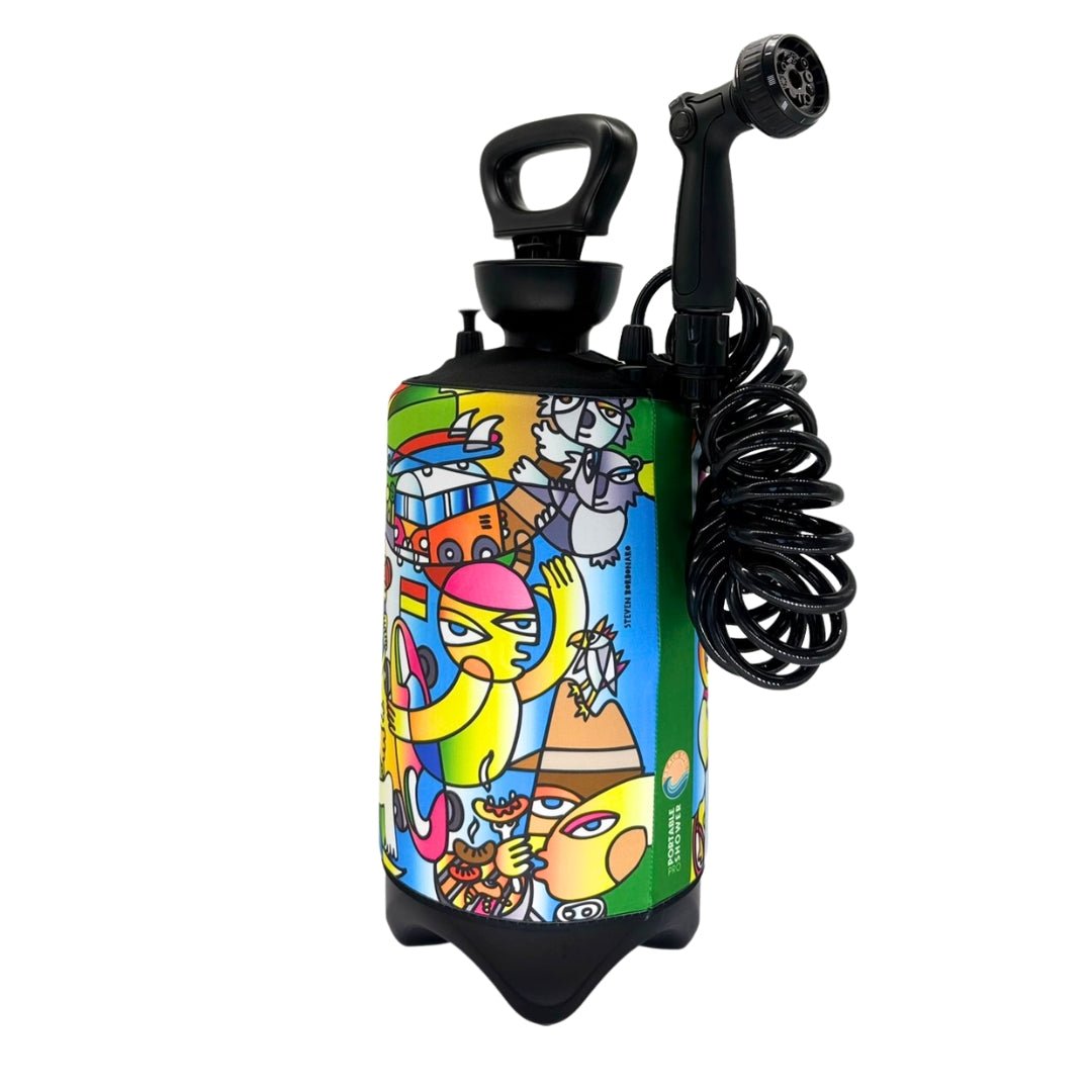Front view of the Livin’ the Dream 10L portable shower with hose and shower head