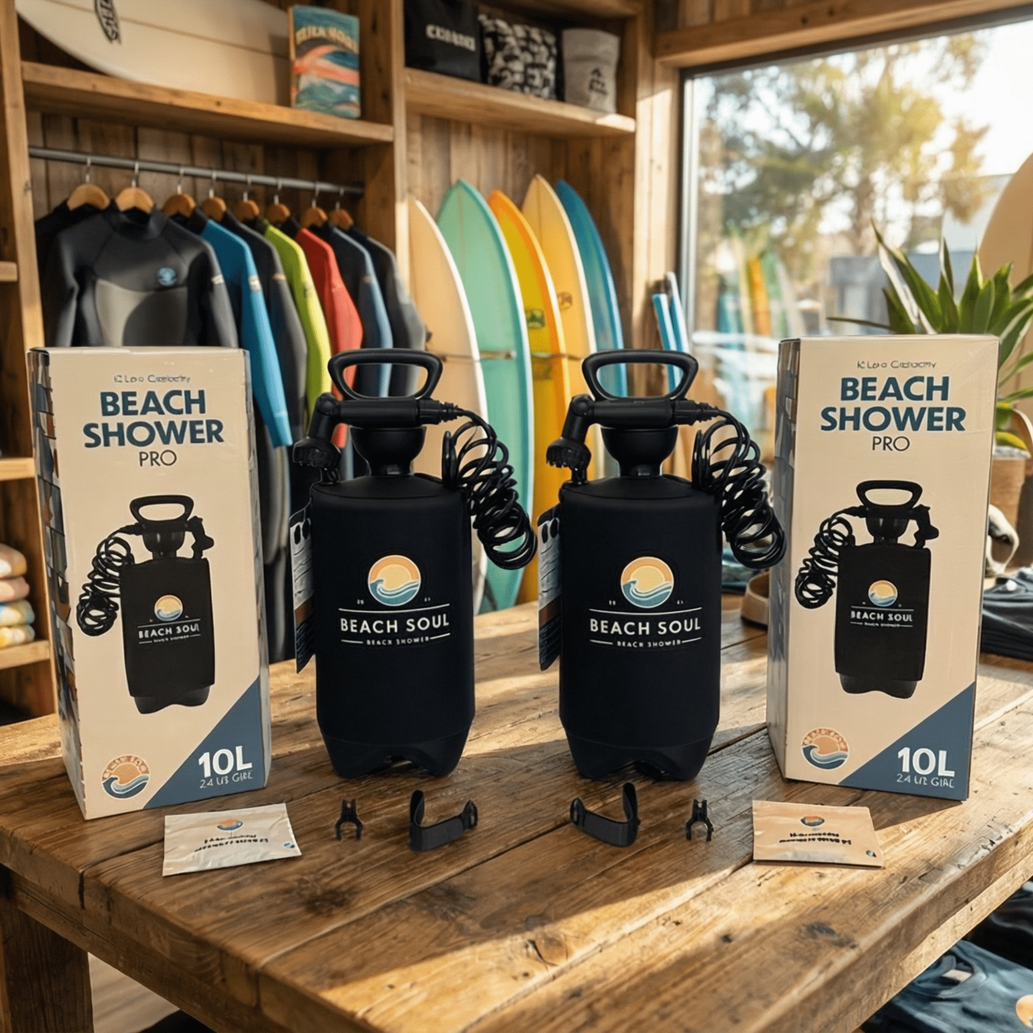 Beach Soul Buddy Bundle displayed with two portable showers, sleeves and product packaging