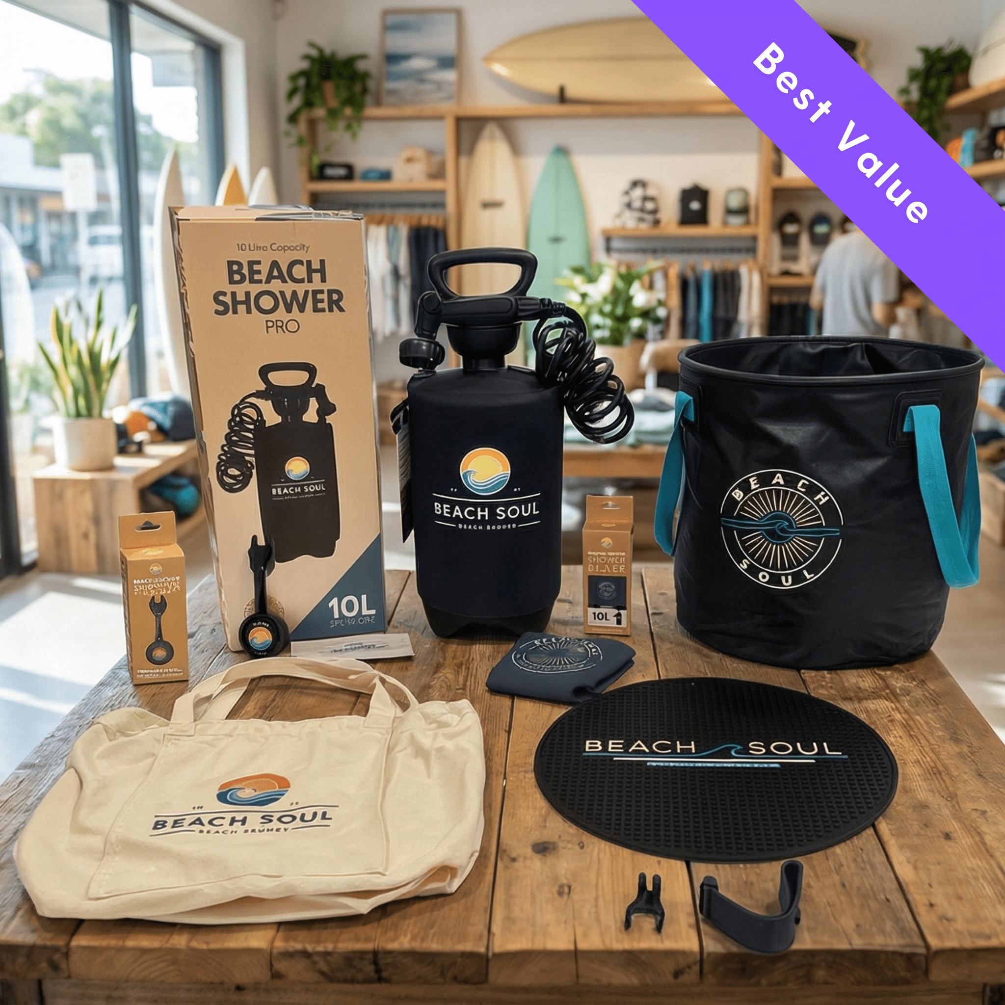 Beach Soul Wet & Wild Kit with portable shower, sleeve, Shower Holder, Bag 'n' Mat and Beach Bag