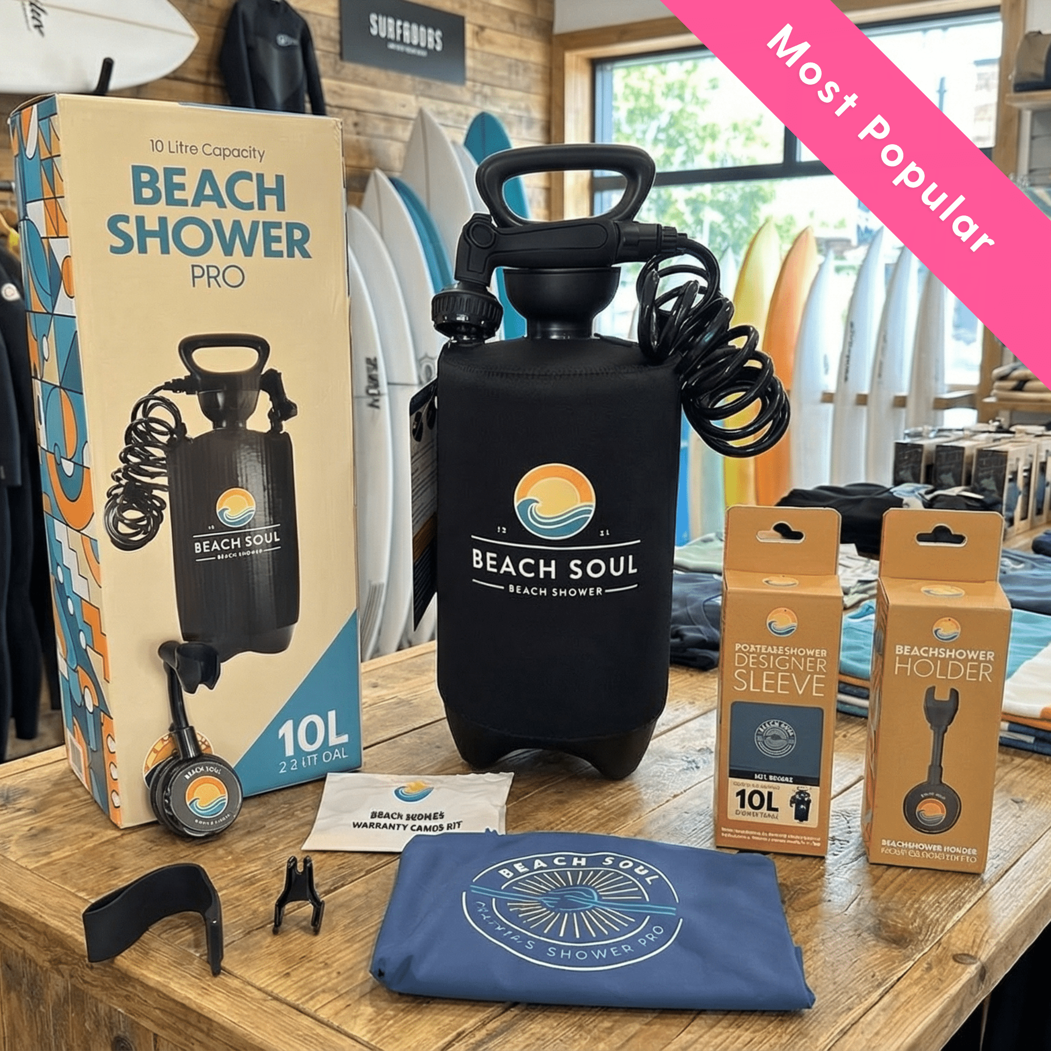 Beach Soul Handsfree Kit with portable shower, sleeve, Shower Holder and product packaging
