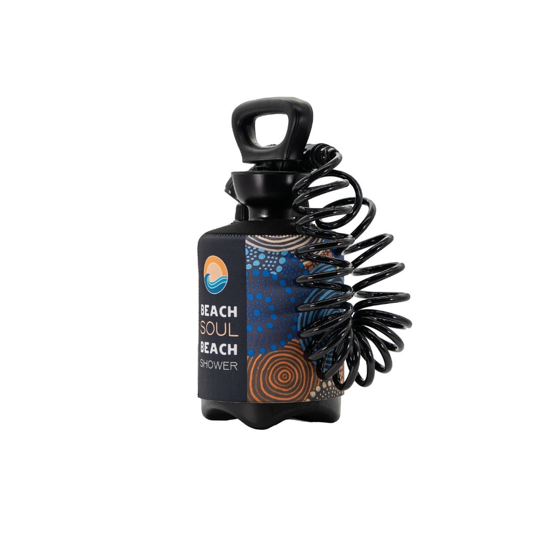 Angled view of the Jamigam 5L portable shower and printed sleeve