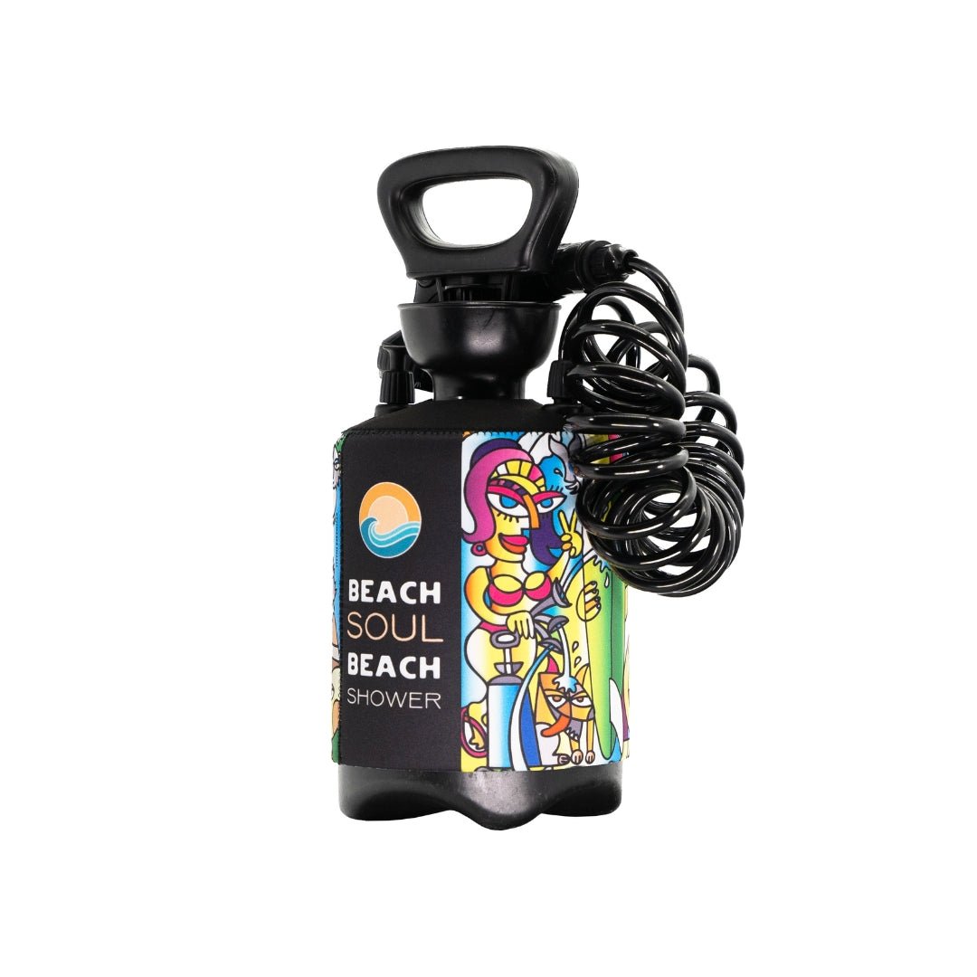 Angled view of the Livin’ the Dream 5L portable shower with coiled hose