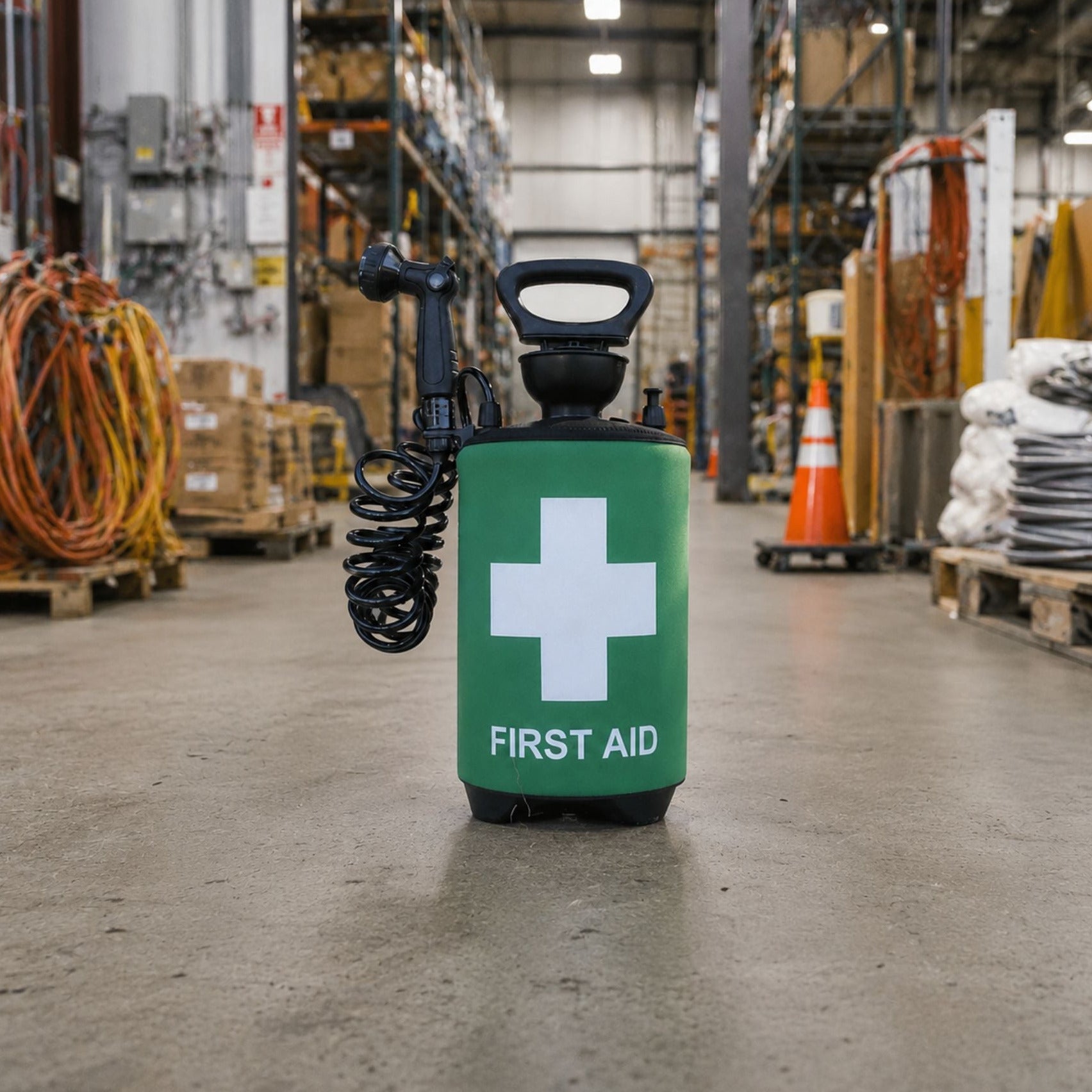 A green first aid portable shower tank bottle with a white cross and the words 'FIRST AID' on the front, standing on a concrete floor inside a warehouse or industrial setting.