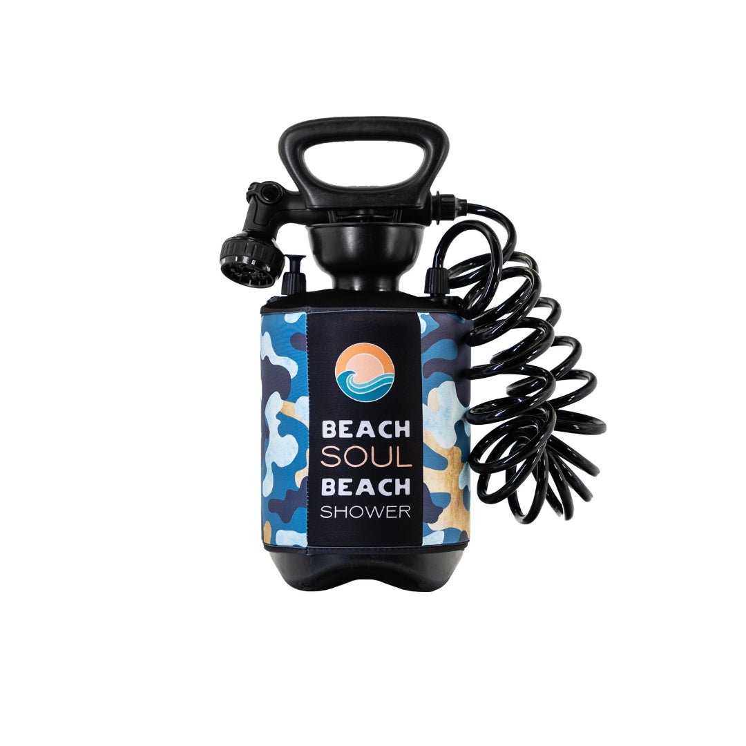 Front view of the Chill Chameleon 5L portable shower with hose and shower head