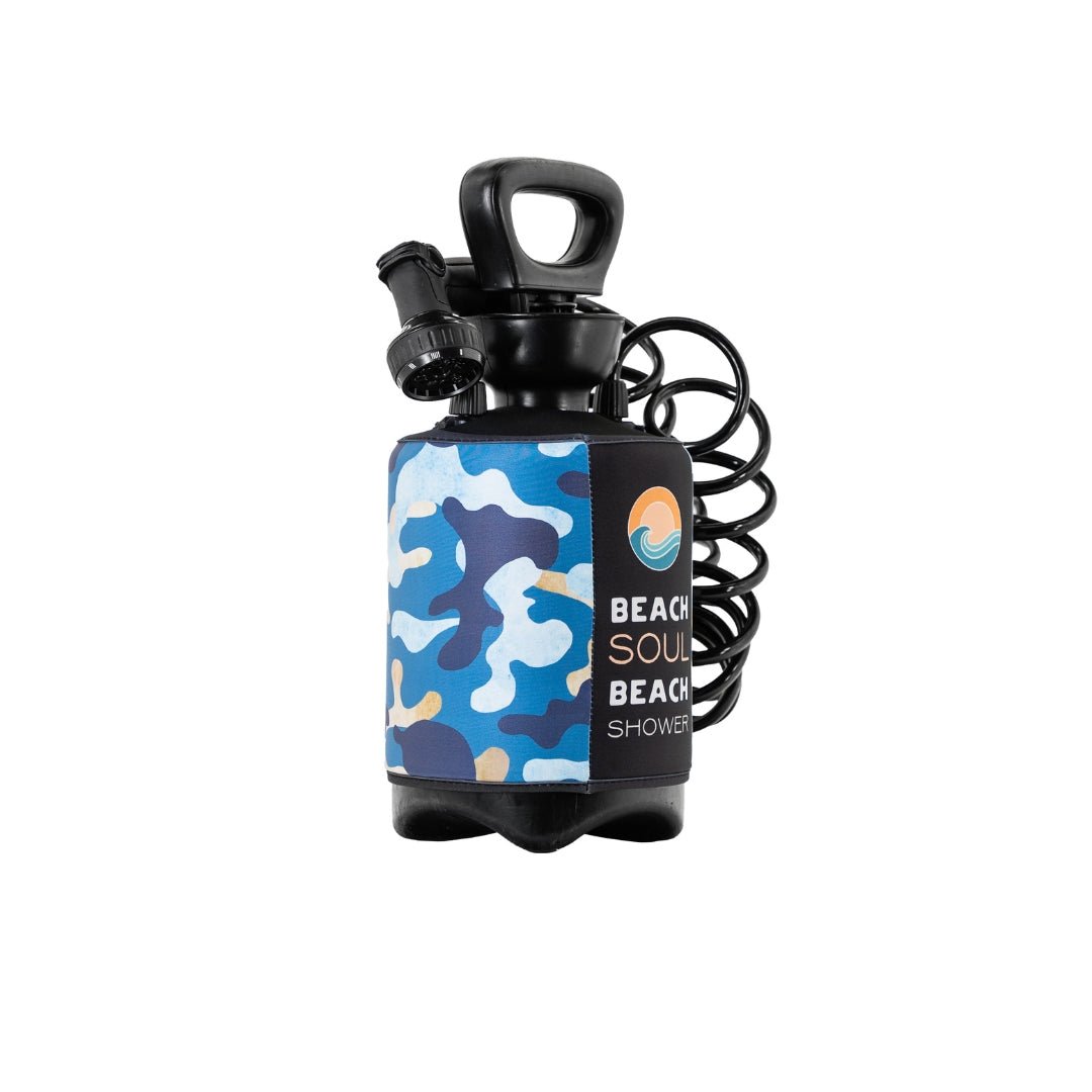 Angled view of the Chill Chameleon 5L portable shower with blue camouflage sleeve