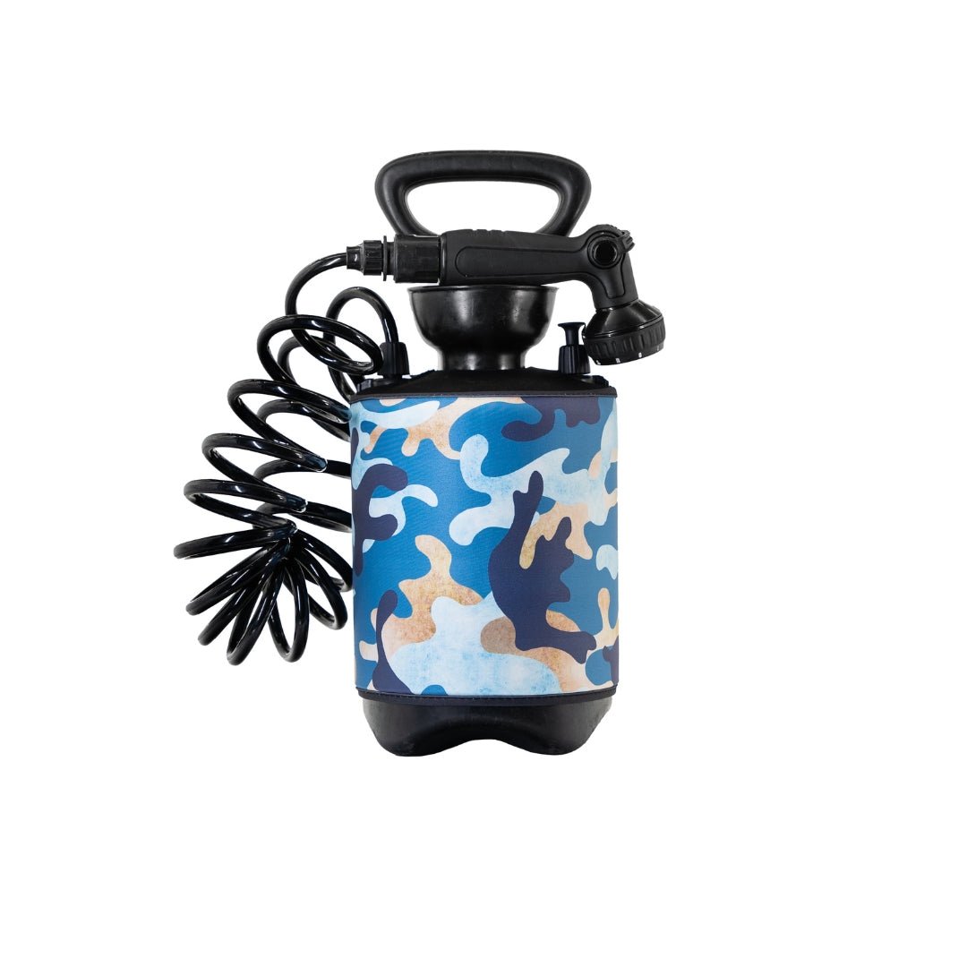 Back view of the Chill Chameleon 5L portable shower and blue camouflage sleeve