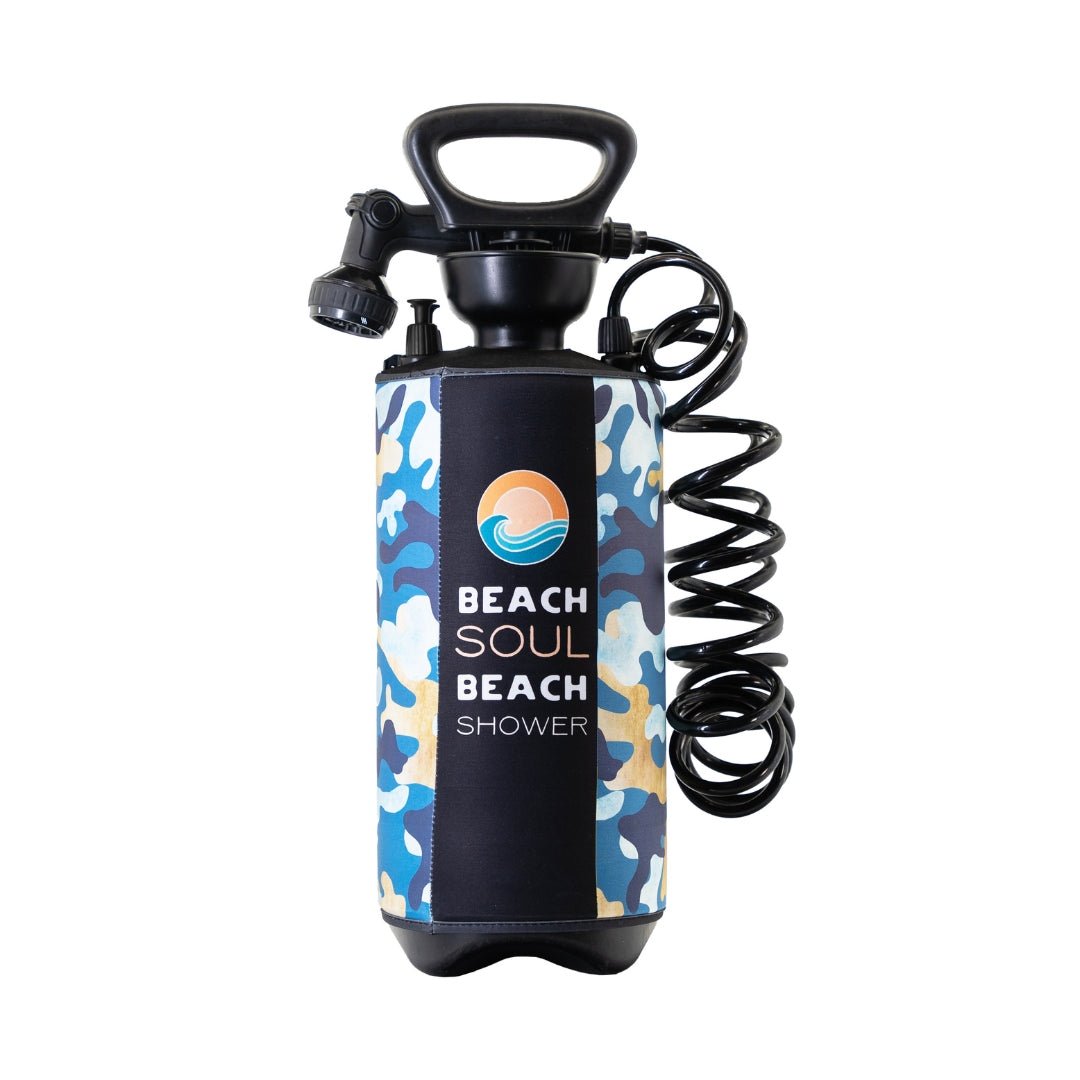 Front view of the Chill Chameleon 8L portable shower with hose and shower head