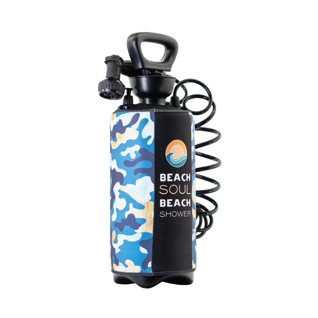 Side view of the Chill Chameleon 8L portable shower with coiled hose