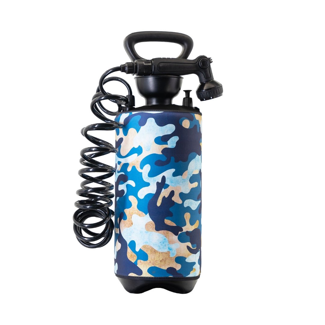 Rear view of the Beach Soul Chill Chameleon 8L portable shower with coiled hose