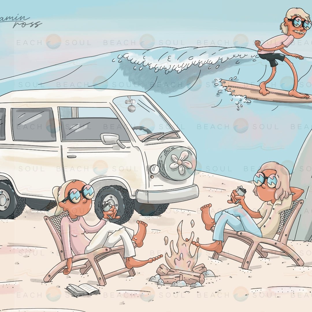 Stoked retro beach and campervan design for a Beach Soul 5L portable shower sleeve