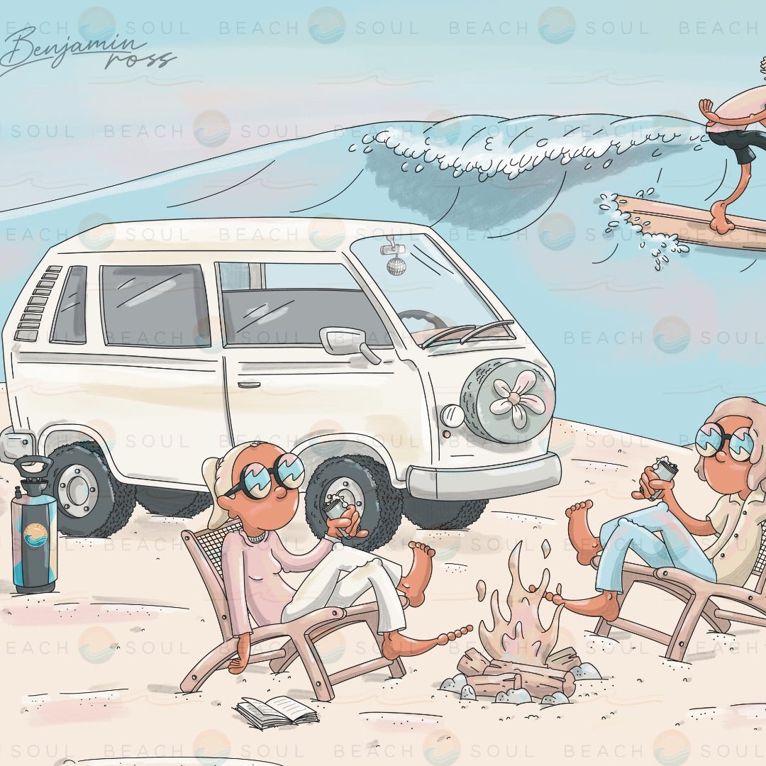 Close-up of the pastel surf artwork featured on the Stoked shower sleeve