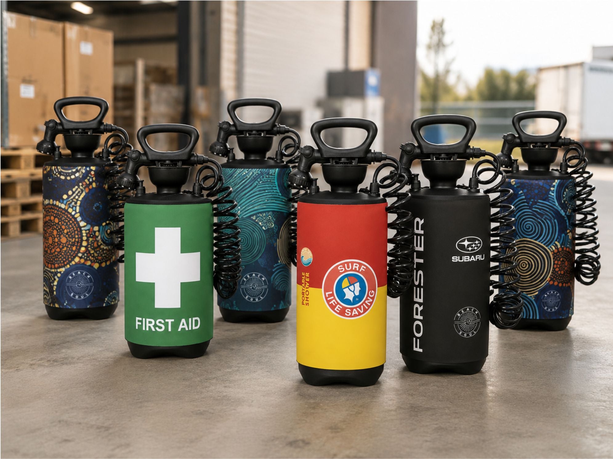 Six portable pressure-washer canisters with coiled hoses are lined up on a concrete floor in a warehouse setting. The canisters feature various themed wraps including a green 'FIRST AID' design, a red/yellow 'SURF LIFE SAVING' design, a black 'FORESTER' Subaru design, and several Aboriginal Australian pattern designs.
